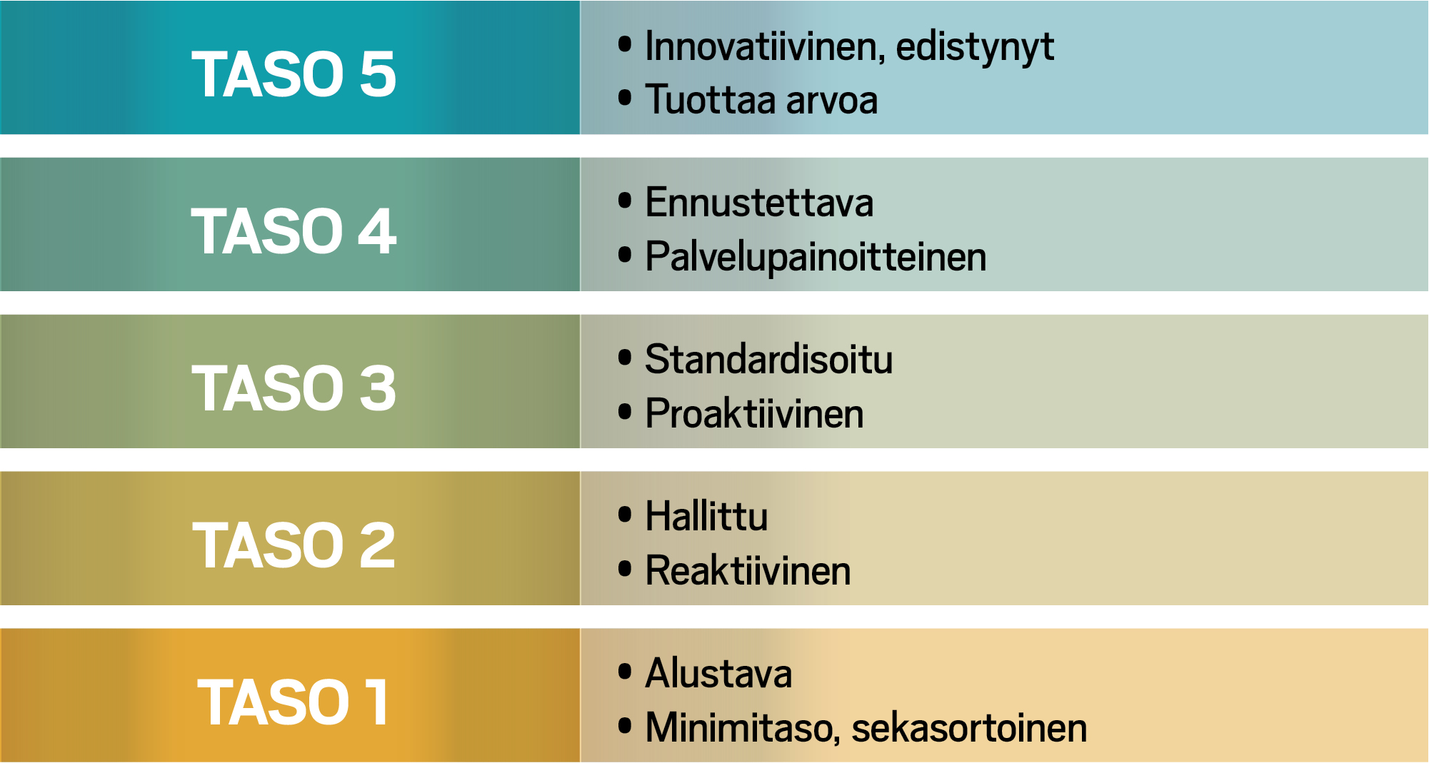 Aucklandin kaupungin omaisuuden hallinnan kypsyyden arvioinnissa on käytössä viisiportainen luokittelu.